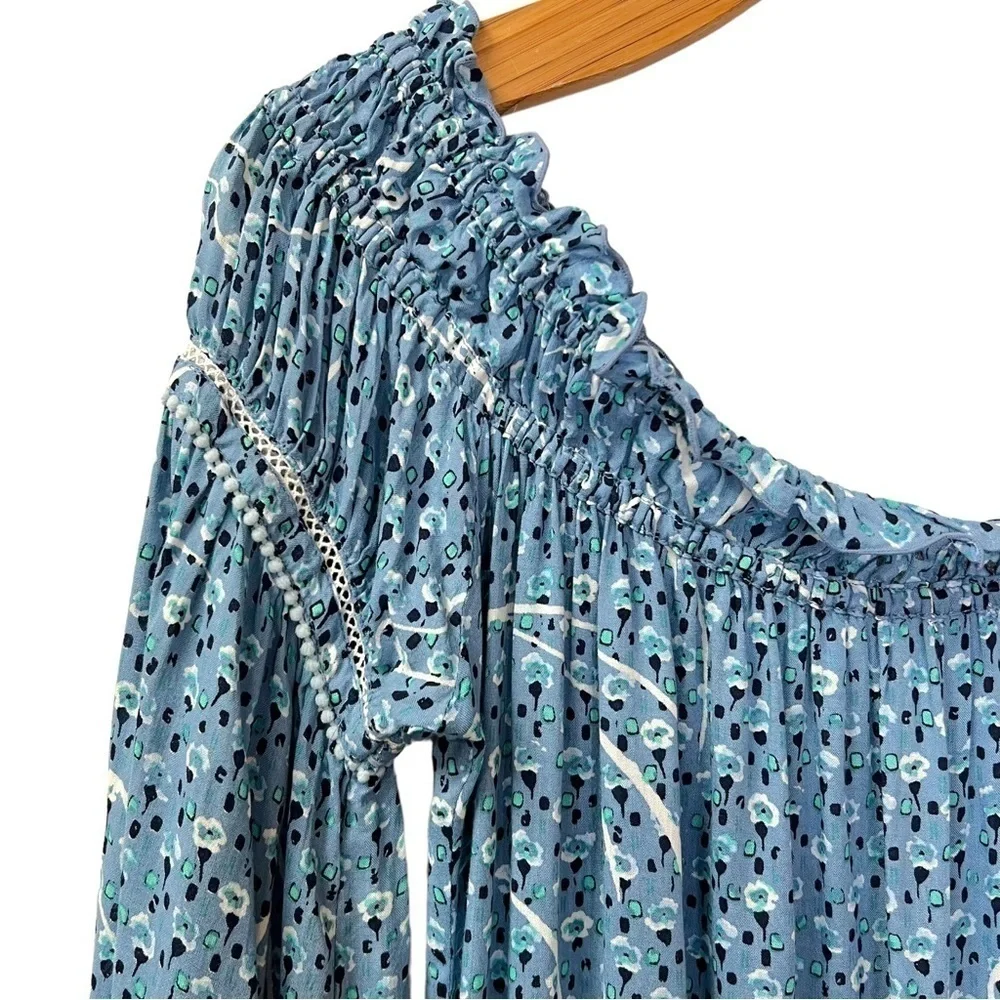Poupette St. Barth Short Jumpsuit Clara Off Shoulder Blue Geo Flower Print L